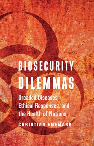 Book cover with biohazard symbols and the title "Biosecurity Dilemmas.