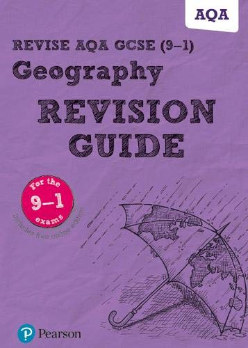 Purple Pearson AQA GCSE Geography revision guide cover with an umbrella and world map illustration.