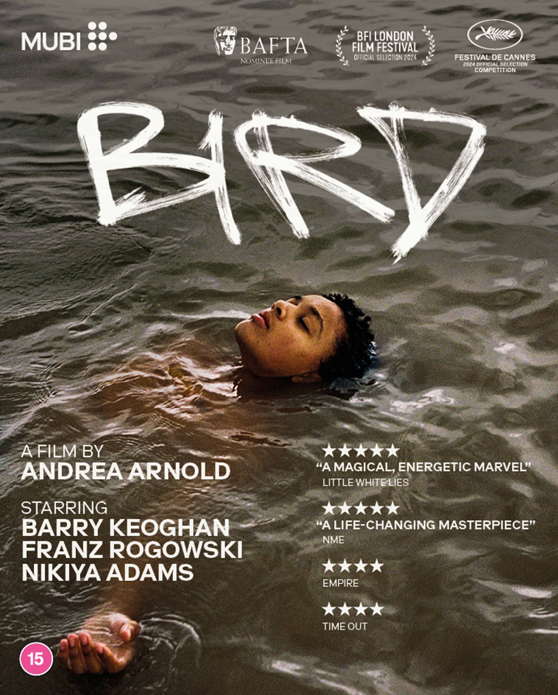 Blu-ray cover for "Bird" showing a person lying in water.