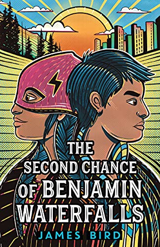 Book cover with illustrated portraits of two young people and a cityscape.