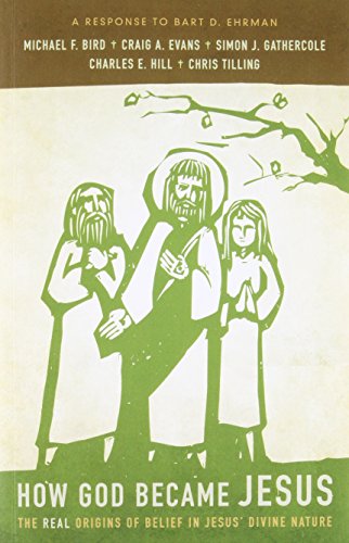 Book cover: green illustration of figures, title "How God Became Jesus.
