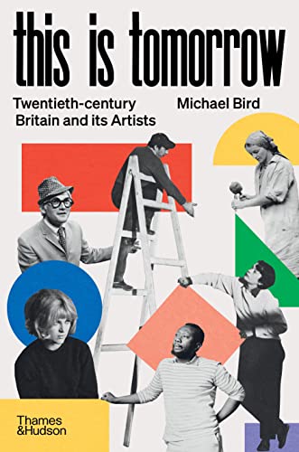 Book cover with collage of people on a ladder and colorful shapes.