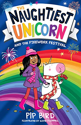 Book cover featuring a girl and a unicorn in front of a rainbow.