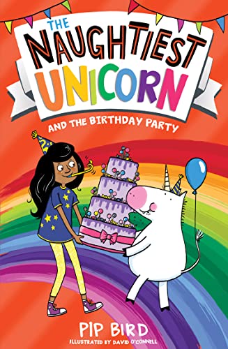 Book cover: girl, unicorn, and colorful birthday cake with rainbow background.
