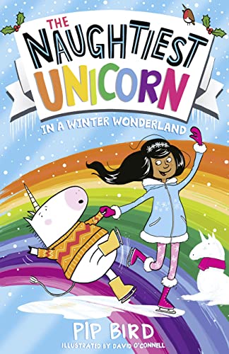 Book cover featuring a girl ice skating with a colorful, mischievous unicorn.