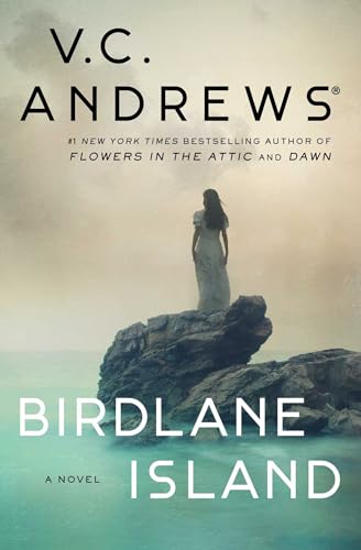 Book cover: woman in white dress stands on rocky island.