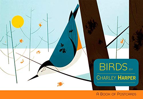 Stylized blue bird illustration with trees and a yellow sun, postcard book cover.