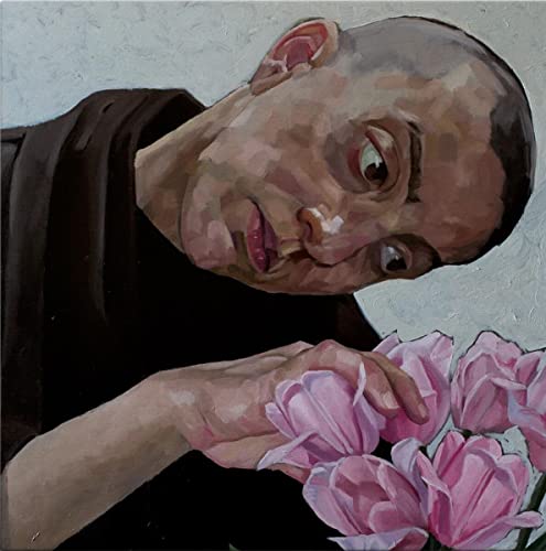 Painted portrait of a person holding pink tulips, head tilted.