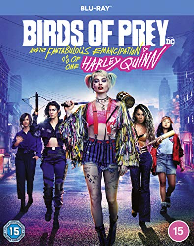 "Blu-ray cover featuring Harley Quinn and four women in a cityscape at dusk."