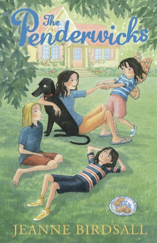Four children and a black dog sit on a lawn before a house.