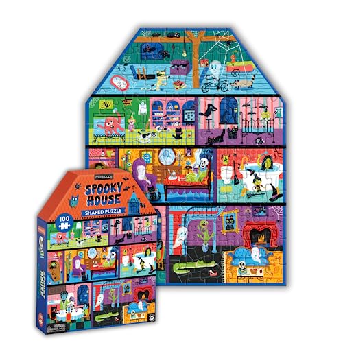 Shaped jigsaw puzzle depicting a colorful, spooky haunted house with ghosts.