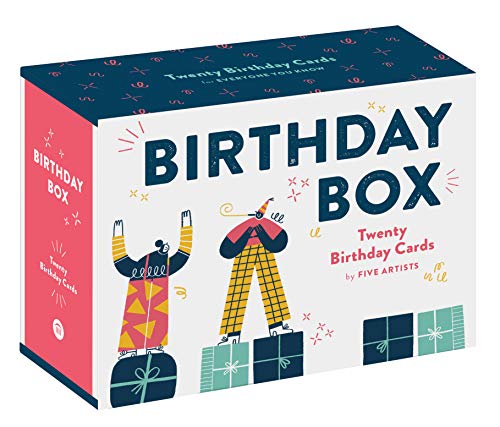 Box of twenty birthday cards with illustrated figures and gifts.