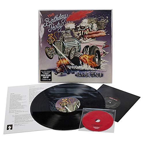 Vinyl record with cover art of a hot rod and skull illustration.
