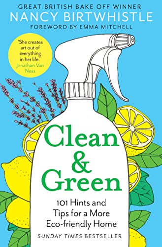 Book cover with spray bottle, lemons, and lavender; title “Clean & Green”.