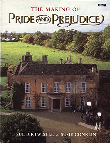 "Book cover with a large house, film crew, and green landscape, titled 'Pride and Prejudice'."