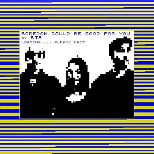 Black and white pixelated band portrait with loading screen text, blue and yellow stripes.