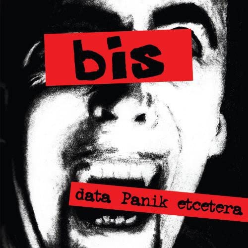 Black and white portrait with red text: "bis" and "data Panik etcetera".