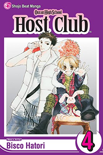 Manga volume cover featuring two male characters and a plush rabbit against purple background.