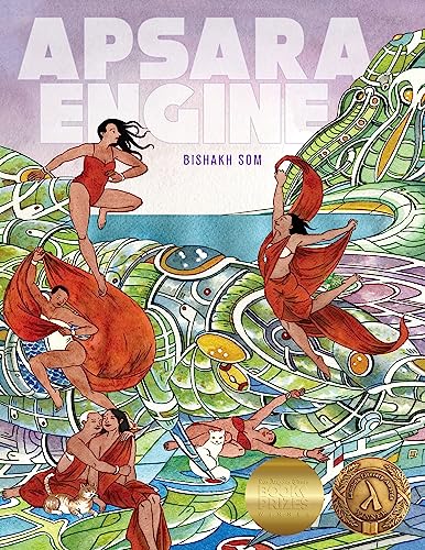 Book cover: “Apsara Engine” with dancers and a cylindrical machine.
