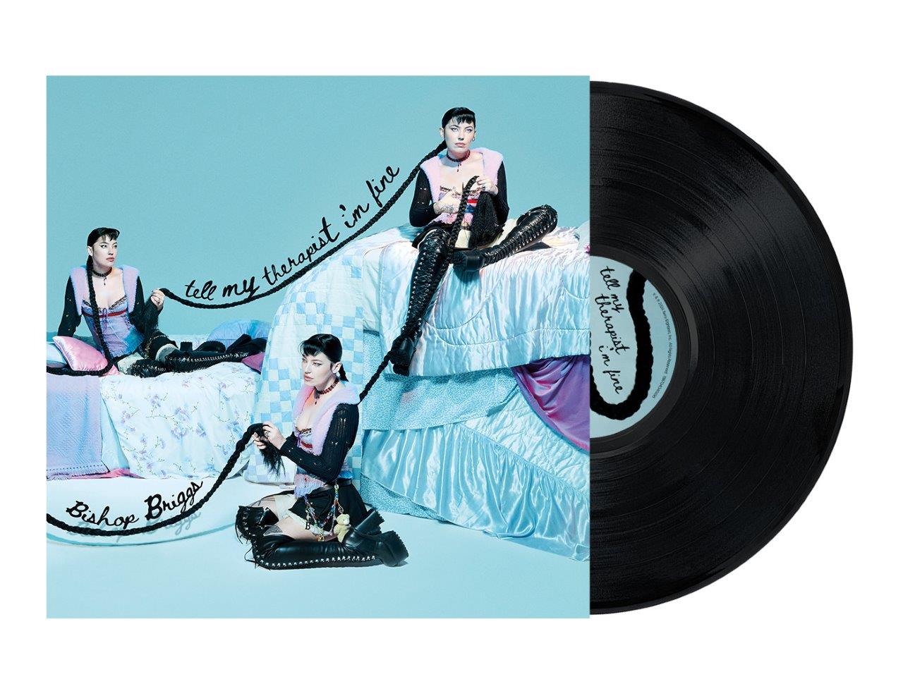 Bishop Briggs album cover and vinyl record, pink and blue tones.