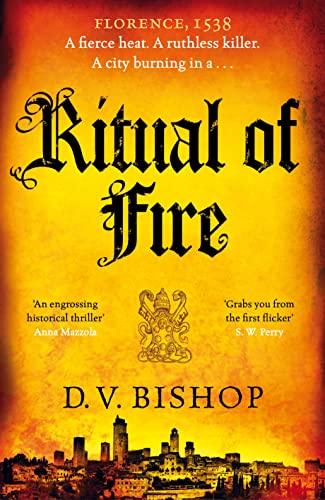 Book cover: “Ritual of Fire” with a fiery orange and black cityscape.
