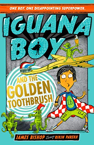 Book cover: Iguana Boy with a golden toothbrush, lizards, and surfing.