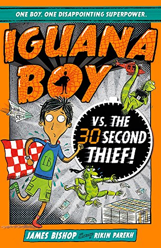 Book cover: Iguana Boy, a boy with iguana features, faces a green villain.