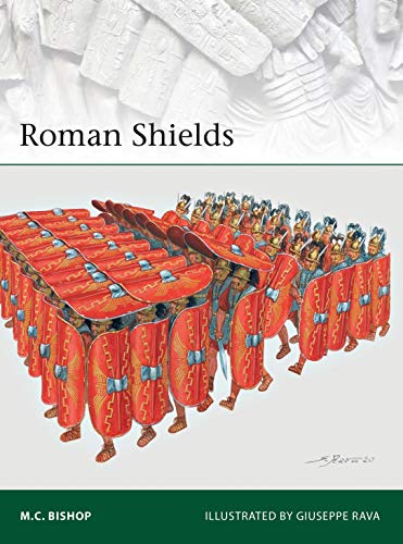 Illustration of Roman soldiers in formation with large, curved red shields.