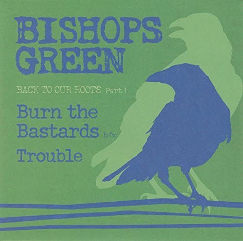 Vinyl cover with green background, blue text, and silhouettes of two ravens on wires.