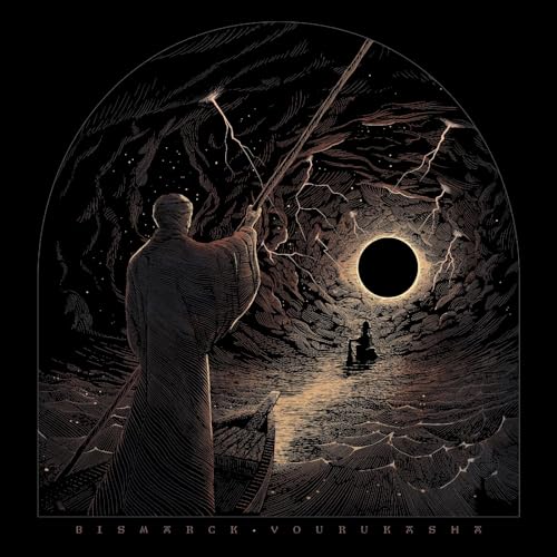 Dark album art depicting a figure with a staff before a stormy, circular landscape.