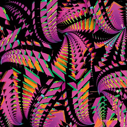 Abstract digital art featuring repeating pink, orange, and green geometric shapes on black.