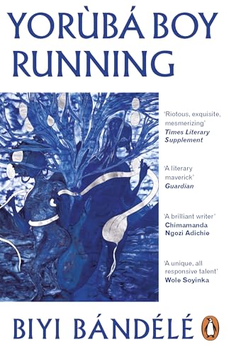 Book cover: a blue-toned illustration of a boy running through trees.