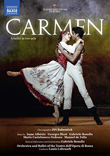 DVD cover featuring ballet dancers in a romantic pose, with title "Carmen" and credits.