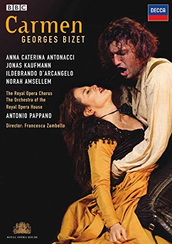 DVD cover for Bizet's Carmen featuring a man and woman in a dramatic embrace.