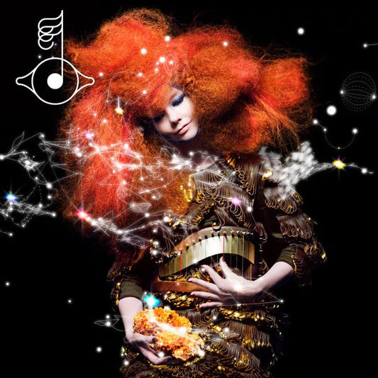 Björk with fiery red hair, holding a harp, surrounded by stars.