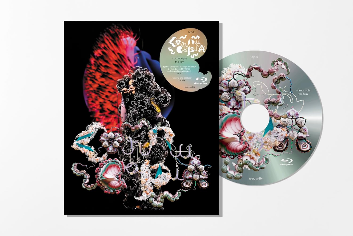 Björk’s “Cornucopia Live” Blu-ray case and disc with floral, organic imagery.