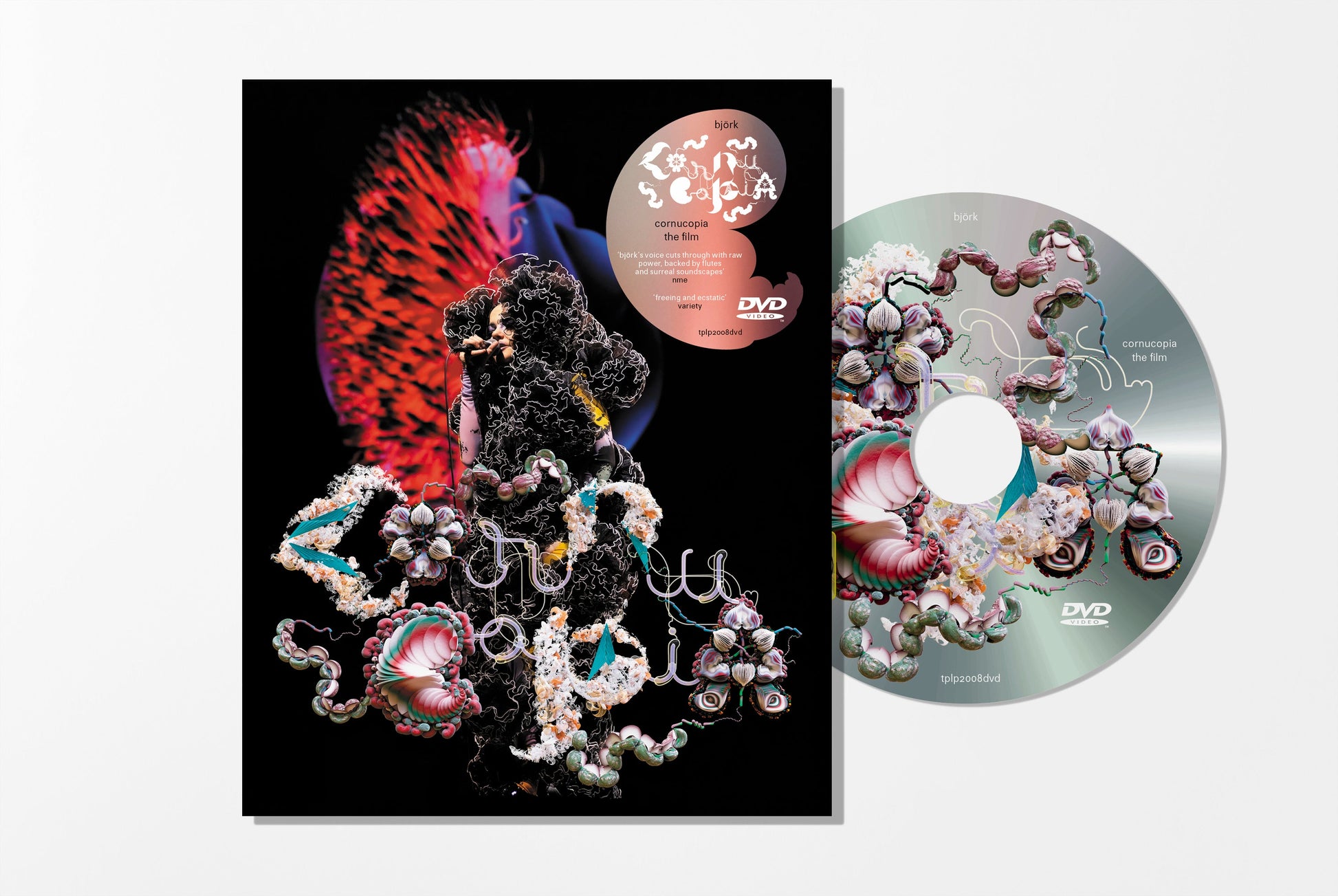 Björk Cornucopia live DVD cover and disc featuring surreal organic shapes on black background.