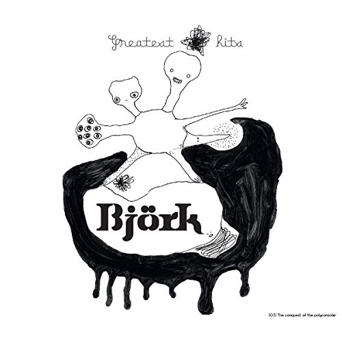 Björk’s “Greatest Hits” CD cover: black and white line drawing of figures.