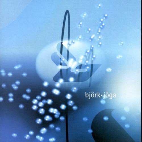 "Album cover with blue background, white dots, and abstract design, featuring 'björk-joga' text."