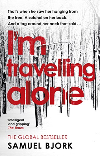 Book cover: red text on snowy forest background, title "I'm travelling alone".