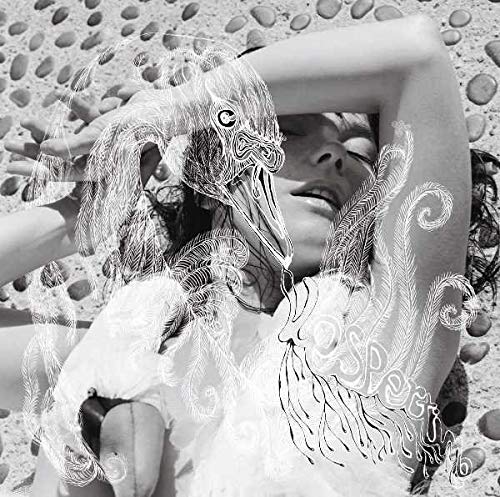 Black and white image of a woman with a swan illustration overlaid on her.
