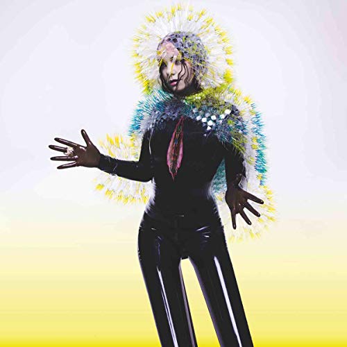 Björk in black, surrounded by a yellow, spiky, floral halo.