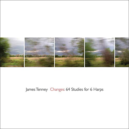 The image is a CD cover with a blurry landscape and text. "CD cover with blurry landscape and title 'Changes: 64 Studies for 6 Harps'."