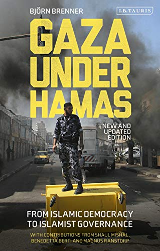 Book cover: "Gaza Under Hamas" with a soldier in a city scene.