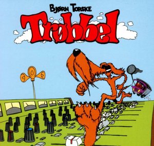 Cartoon of an orange dog running across a green, stylized landscape.