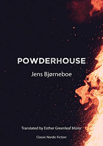 Book cover: "Powderhouse" by Jens Bjørneboe, with fiery imagery.