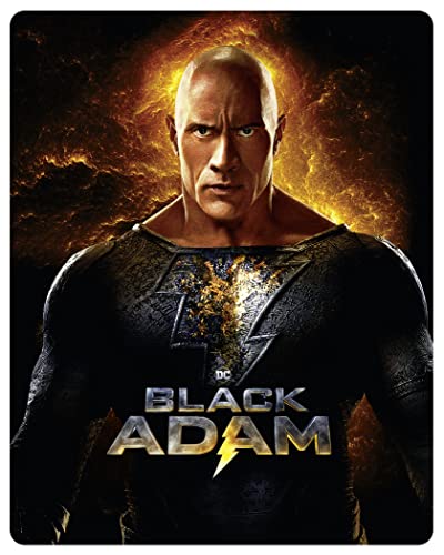 Dwayne Johnson as Black Adam, a superhero with golden lightning emblem.