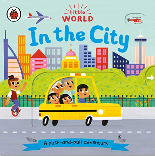 A yellow car with a family driving through a colorful city with skyscrapers.