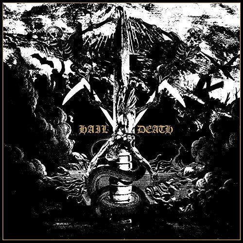 "Album cover art: dark illustration with 'Hail Death' text, featuring skeletons and a sword."