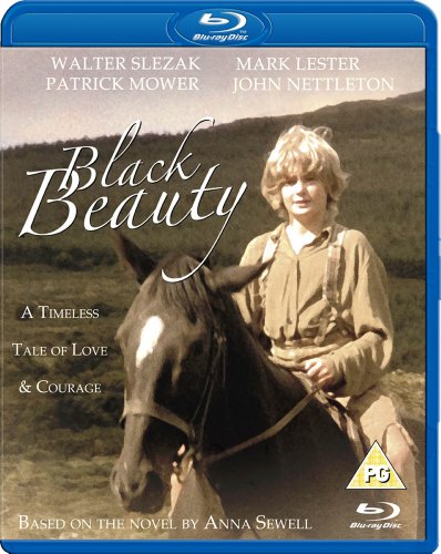 A boy rides a black horse in this Black Beauty Blu-ray cover art.